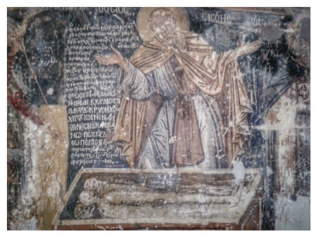 τοιχογραφία: ο όσιος Σισώης θρηνεί μπροστά στον τάφο του Μεγάλου Αλεξάνδρου